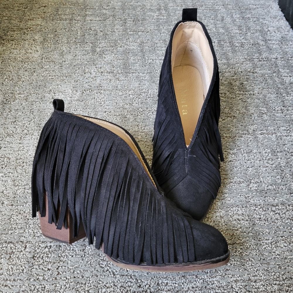 Black suede fringe booties